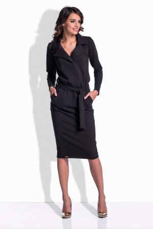 Rochie neagra lungime midi cu buzunare laterale  si cordon in talie 